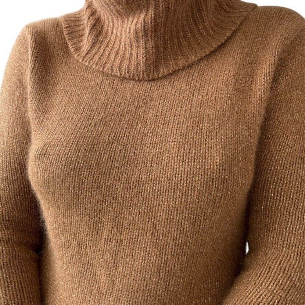 Vintage Womens Tan Brown Gold Angora Blend Soft Fuzzy Fluffy Cowl Neck Sweater S - Picture 5 of 6